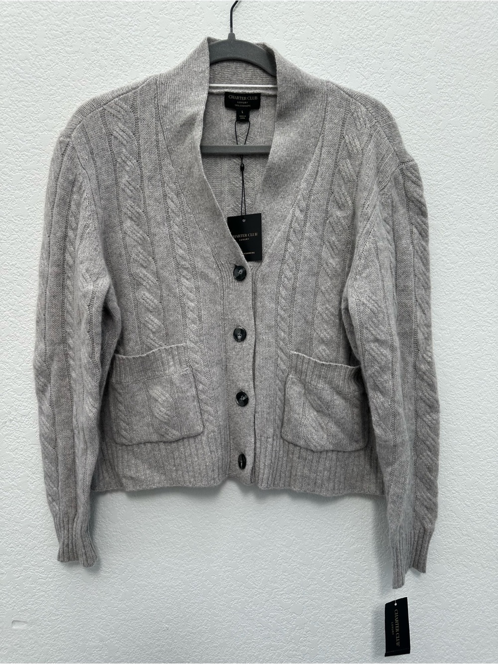 NWT Charter Club Womens L Cashmere Cable Knit Cardigan Sweater Ice Grey Pockets